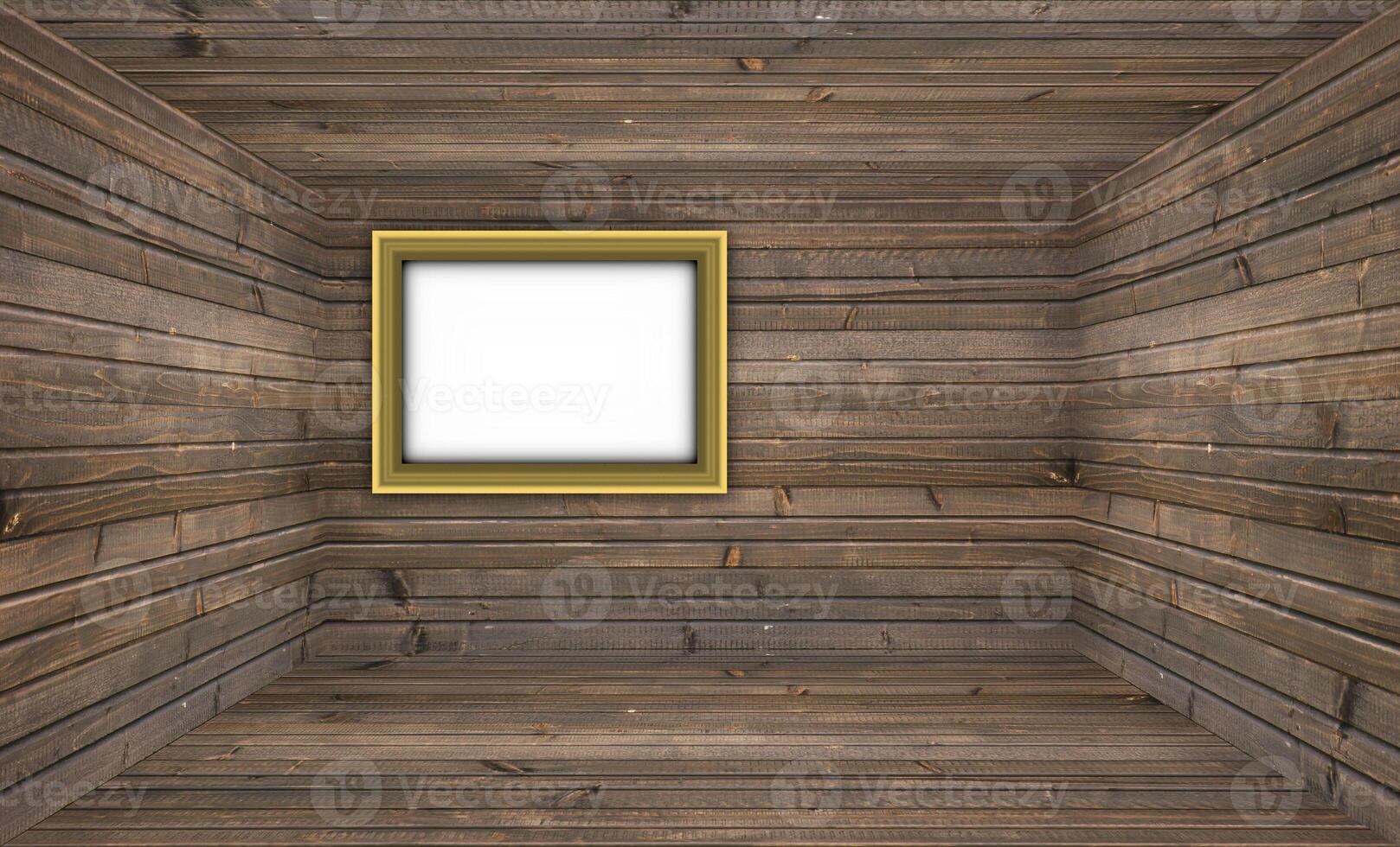 A 3D rendering of a wooden room with blank picture frame. A custom image can easily be set in. photo