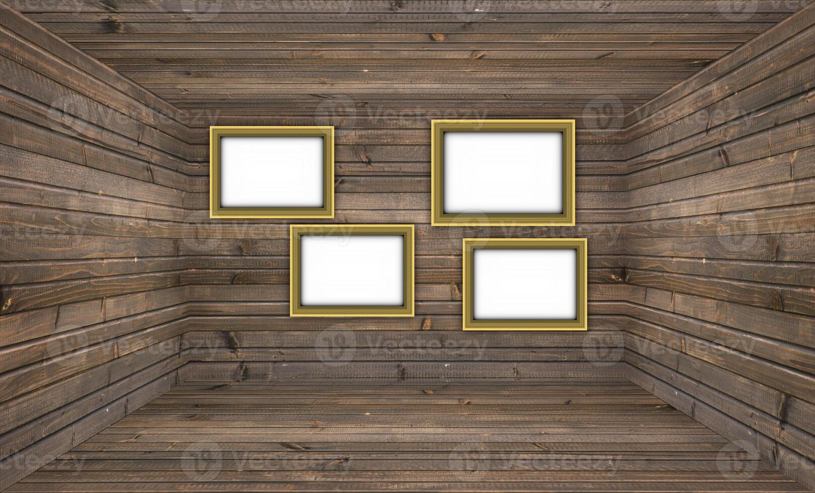 A 3D rendering of a wooden room with blank picture frames. Custom images can easily be set in. photo
