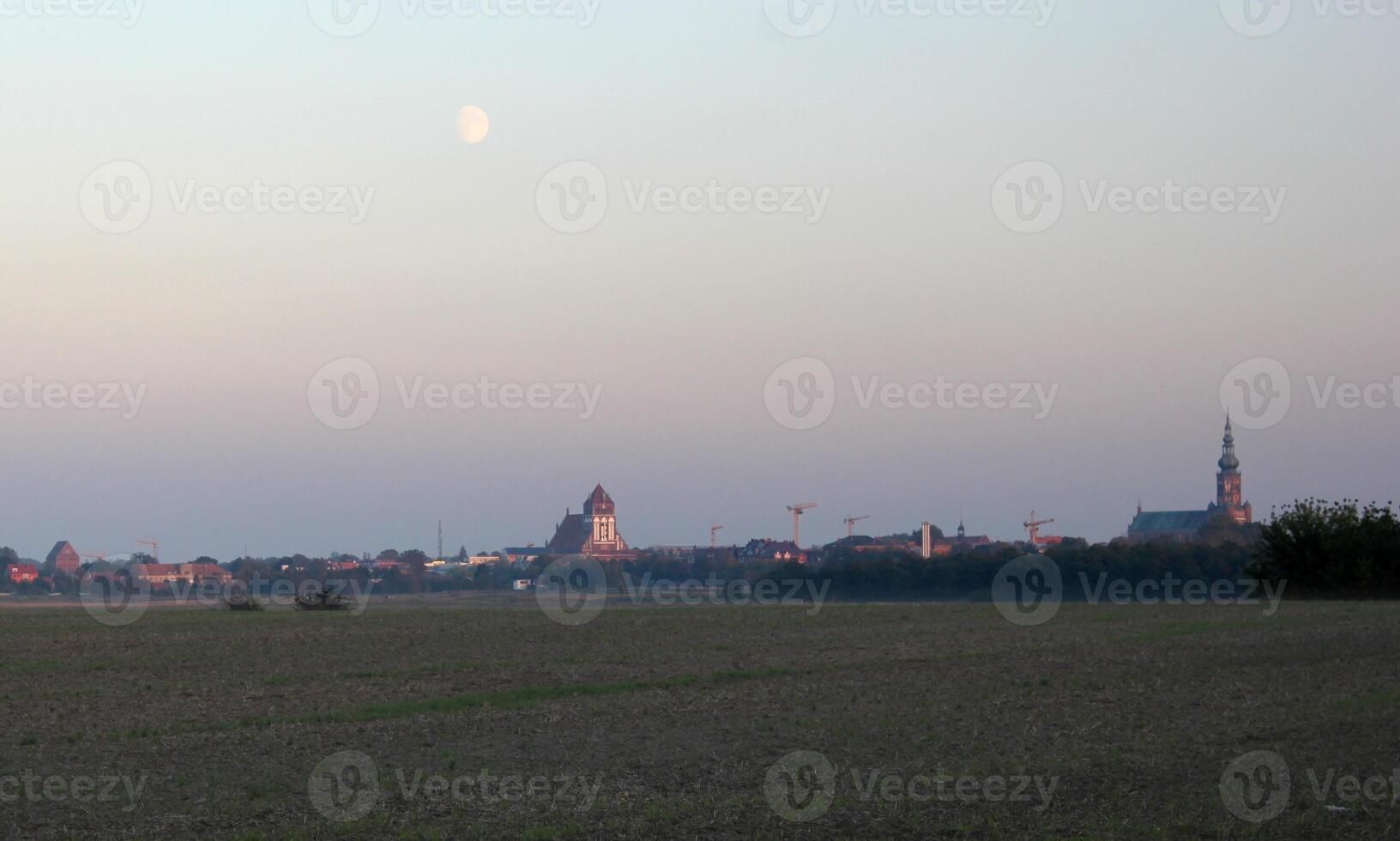 Meadows with misty view on city of Greifswald, Mecklenburg-Vorpommern, Germany photo