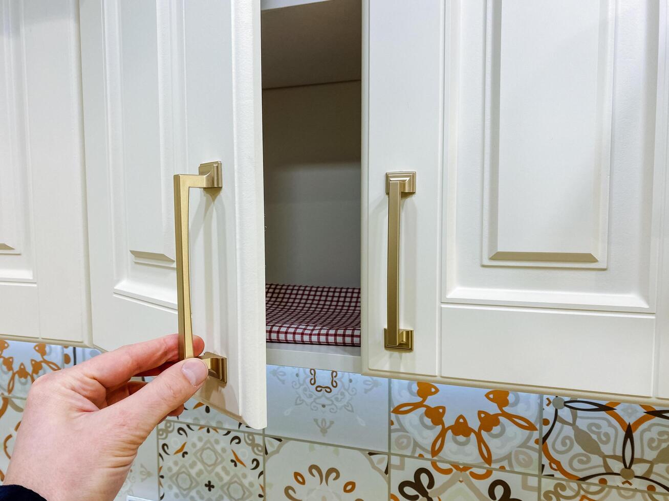 A person is carefully opening a cabinet door in a kitchen area, likely to retrieve or store something essential, while the overall environment is designed for functional use and comfort photo