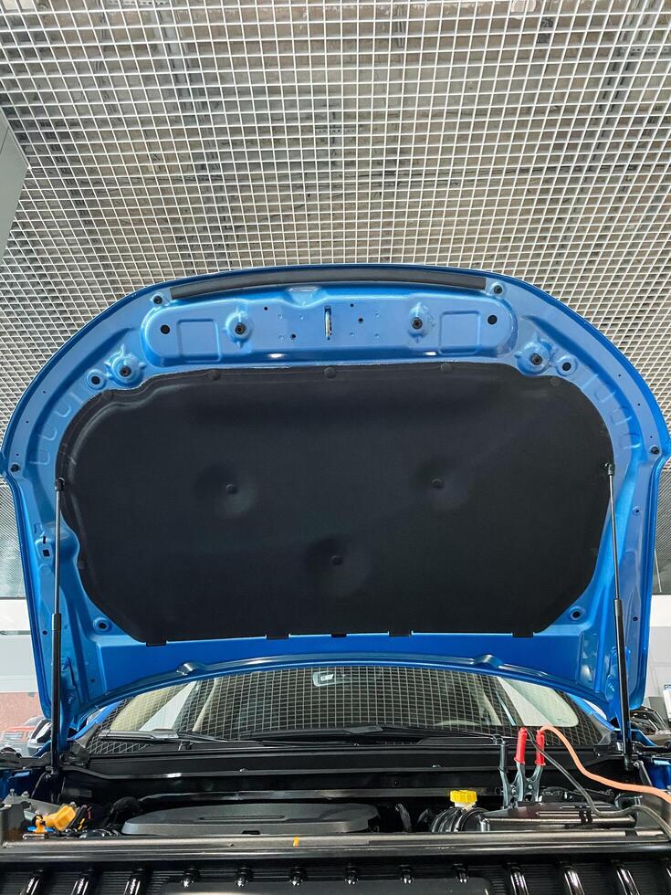 The hood of a blue car is wide open, revealing the intricate details of the engine and its components, which are now fully visible for inspection and maintenance purposes photo