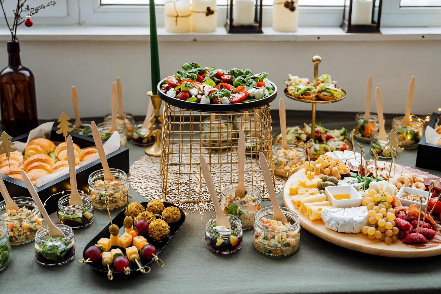 The beautifully arranged dining table features a vibrant array of diverse foods, providing unique flavors for an unforgettable culinary experience that delights all guests photo