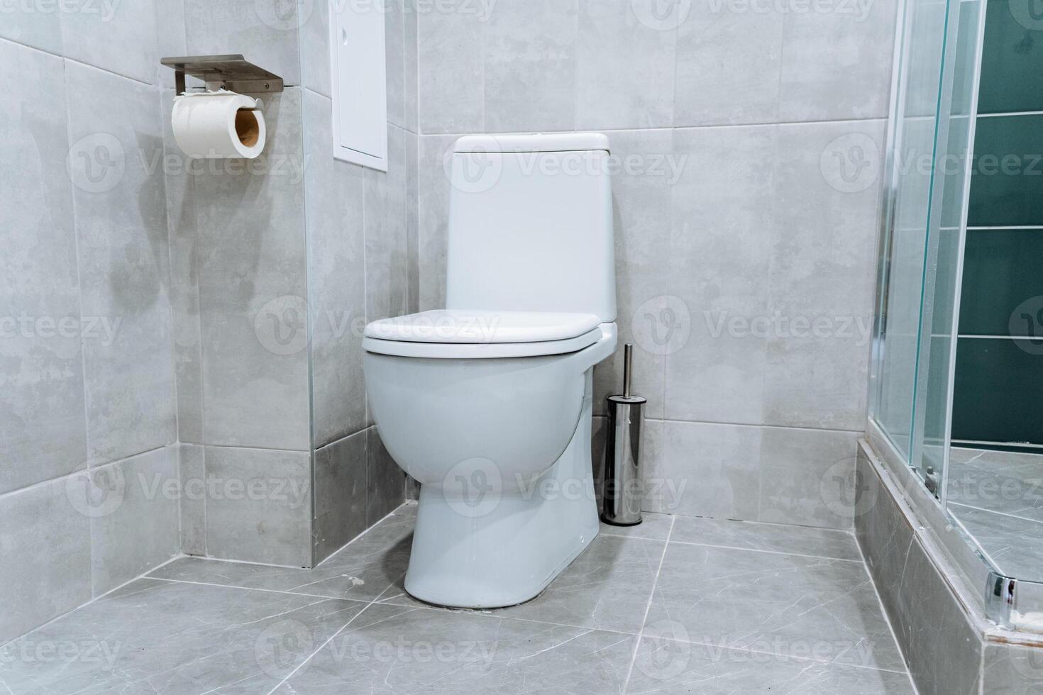 In the bathroom, there is a white toilet that is conveniently positioned next to a shower stall, offering essential bathroom fixtures to the users for their comfort and convenience photo