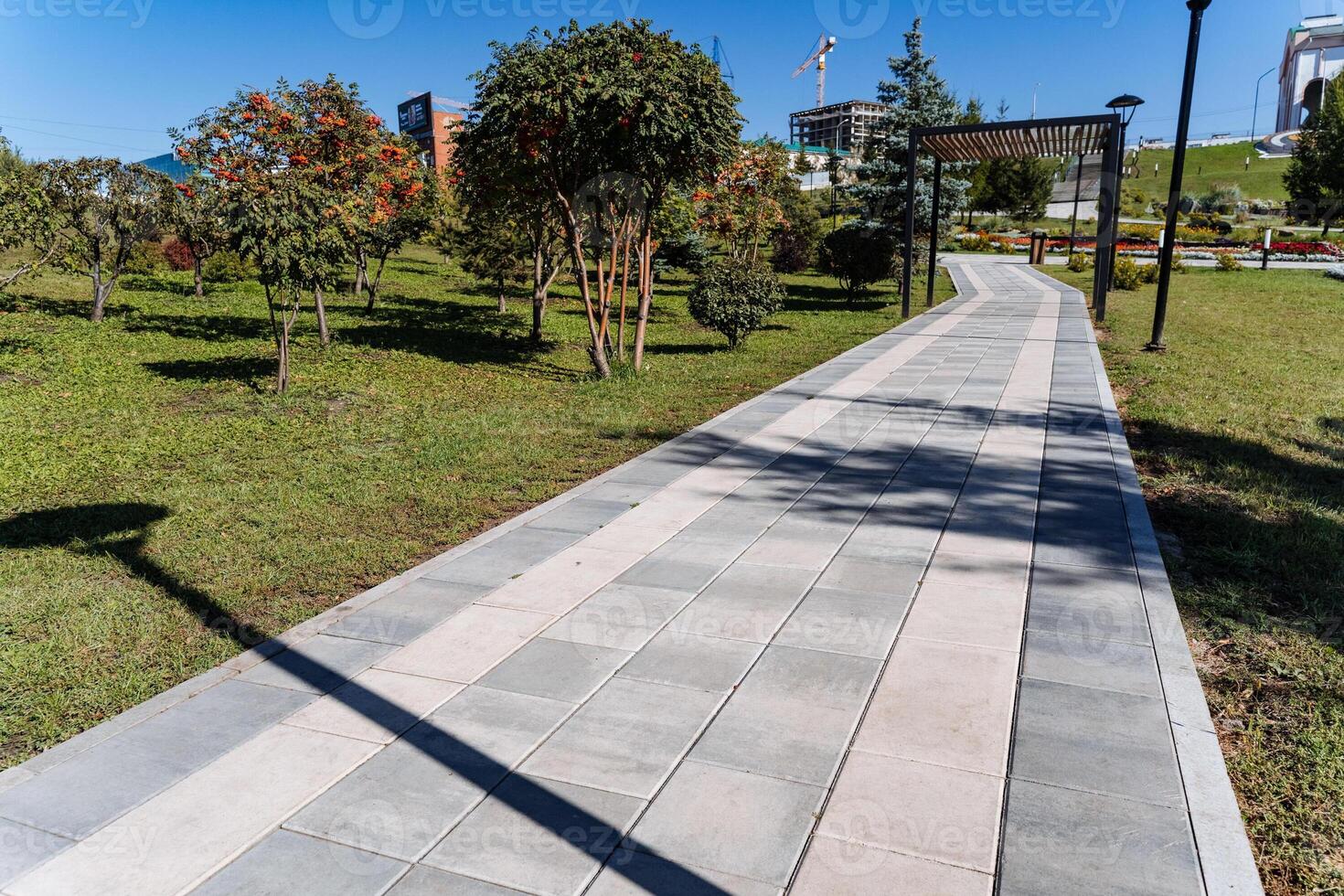 A beautiful walkway is situated in a serene park, surrounded by lush green grass and tall, majestic trees on both sides, providing a pleasant escape for visitors and nature lovers alike photo