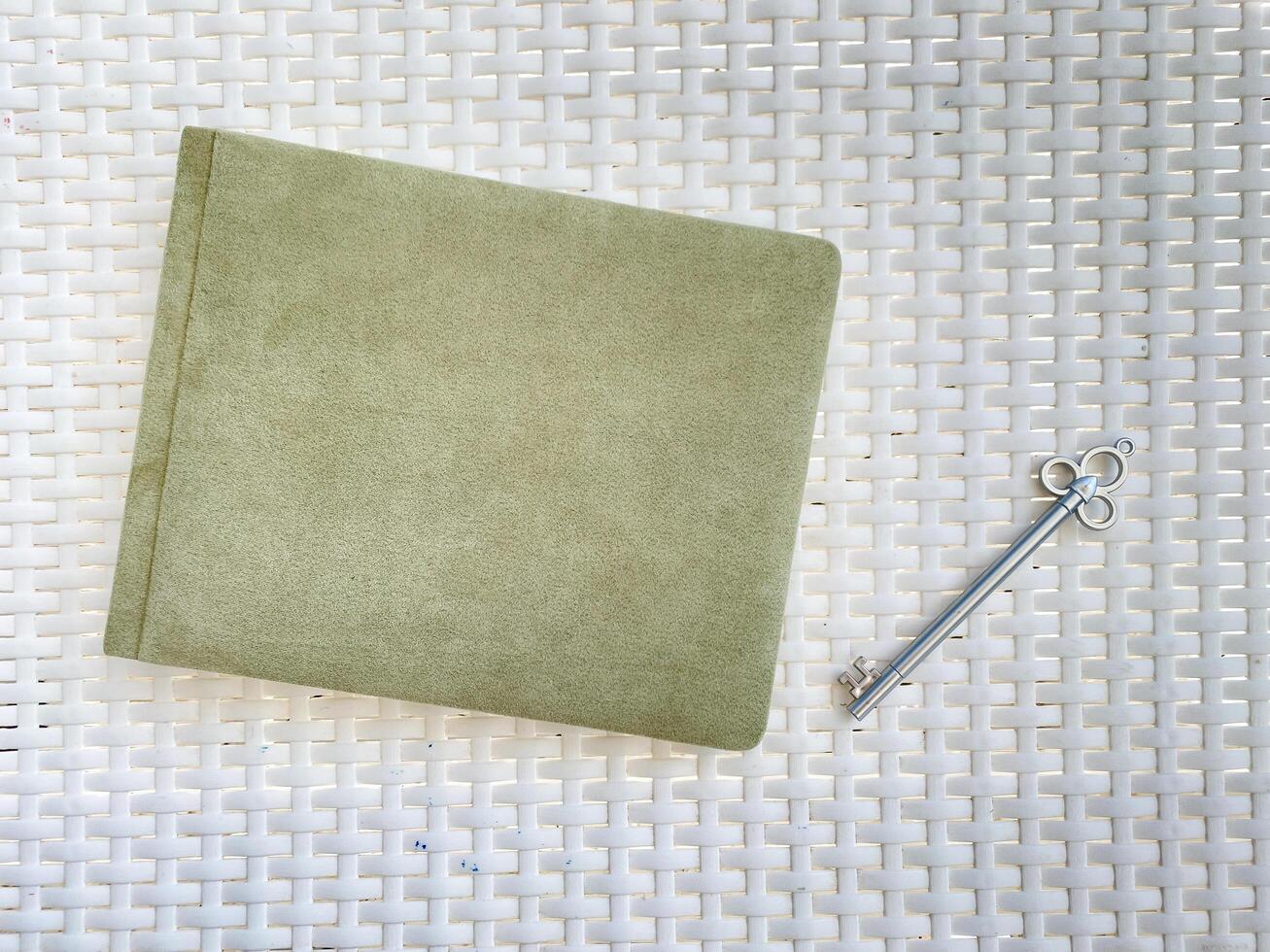 The composition features a book and key on a white backdrop, exuding elegance and sophistication through a modern and stylish design. It combines contemporary elements for a chic look photo