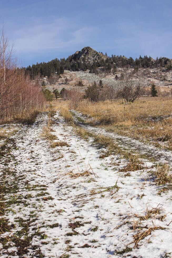 A Dirt Road Going Through A Snowy Field With A Mountain In The Background photo