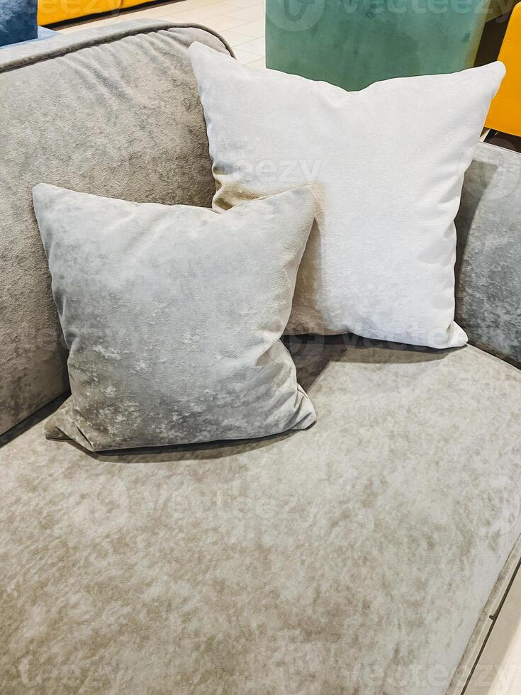In a spacious living room, there is a stylish couch adorned with two comfortable pillows placed neatly on it, creating an inviting space for relaxation and leisure activities photo