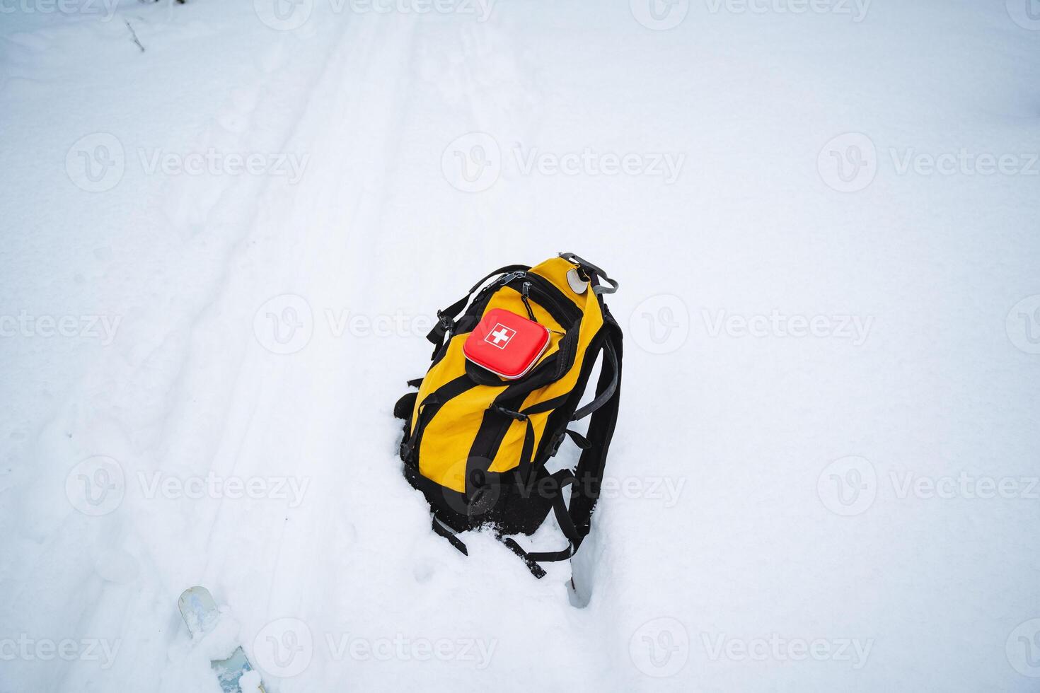 A vibrant yellow backpack containing a bright red ball is resting peacefully in the glistening white snow, creating a striking contrast against the frosty winter landscape photo