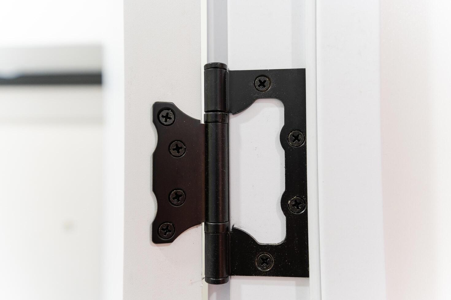 This image showcases a detailed closeup view of a black door hinge that is affixed to a white door, highlighting the contrast between the colors and materials used in this fixture photo
