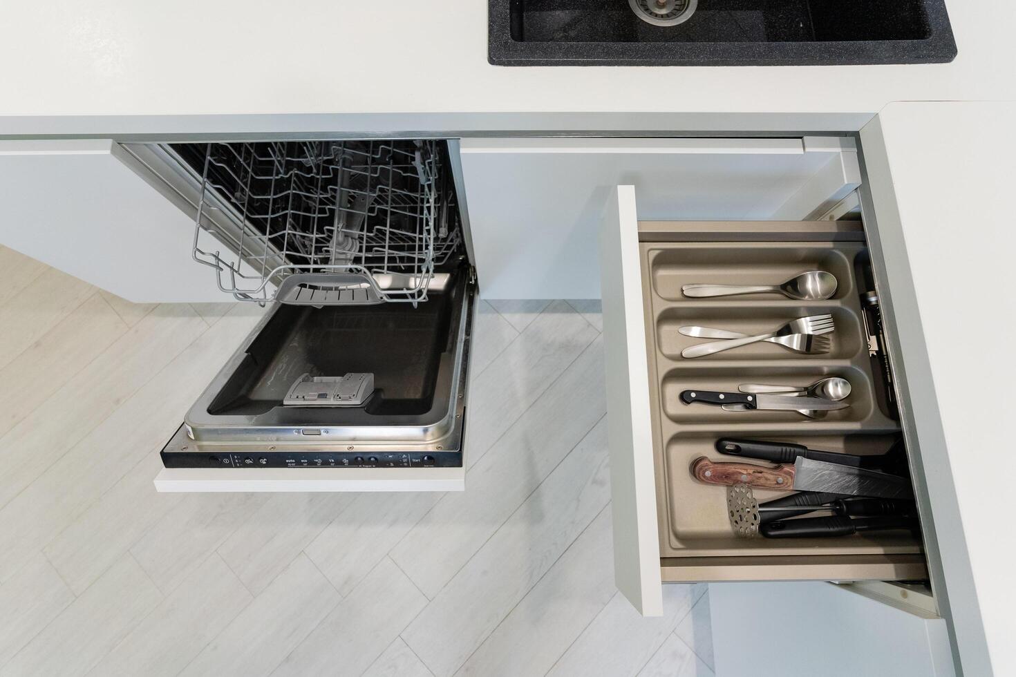 The Modern Kitchen Features Include An Integrated Dishwasher and a Chic Cutlery Drawer Design, Perfect for a Contemporary Home Setup photo