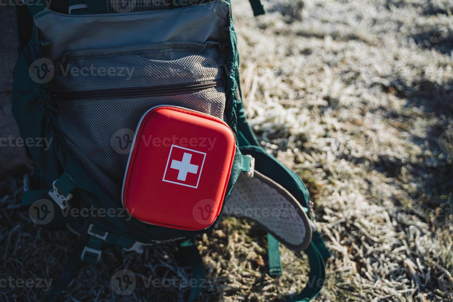 A red first aid kit in a hard case, a travel first aid kit, a red cosmetic bag with a white cross. photo