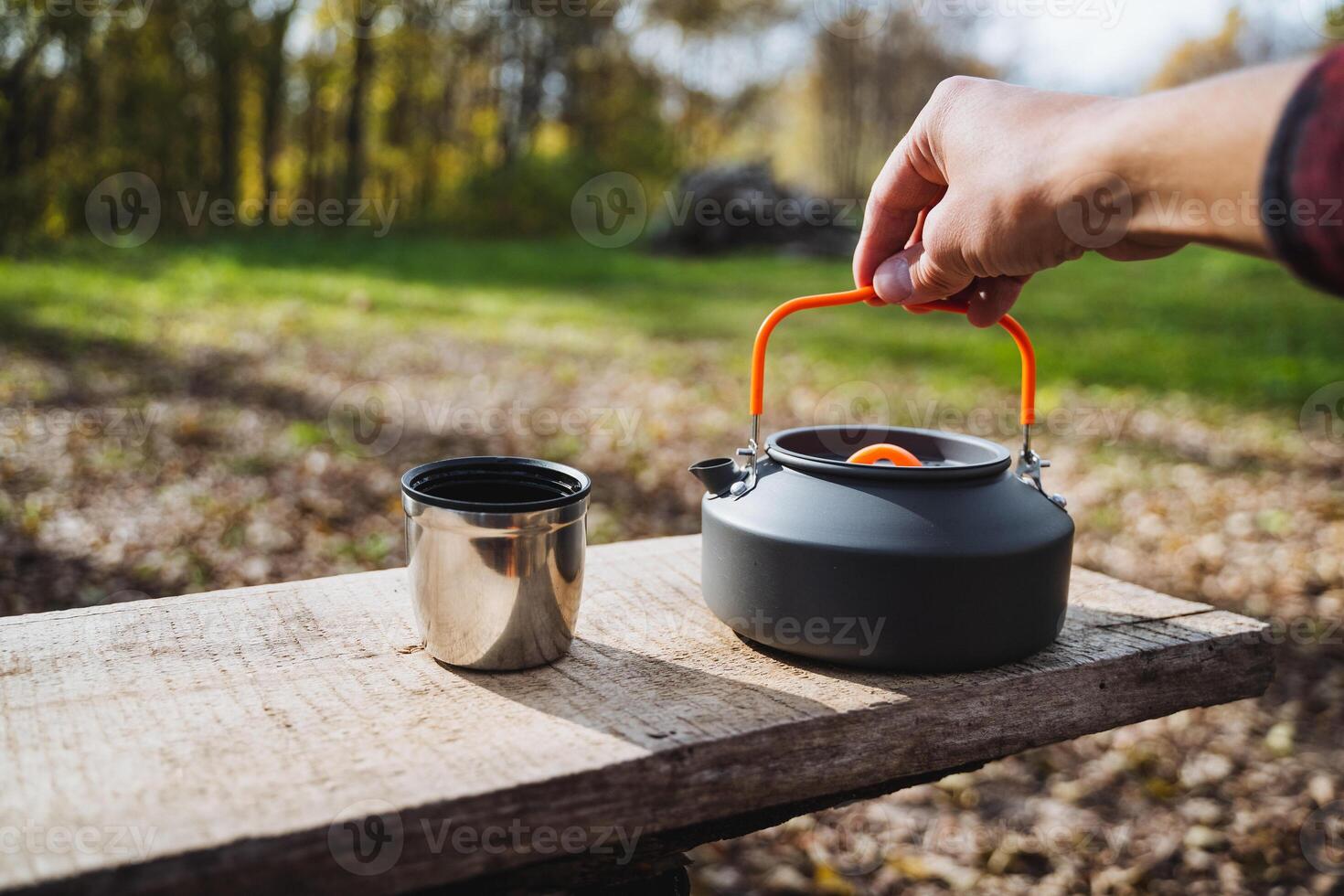 A person is carefully pouring water into a tea kettle that is resting on a wooden bench, surrounded by a tranquil outdoor setting, blending nature and home essentials seamlessly photo