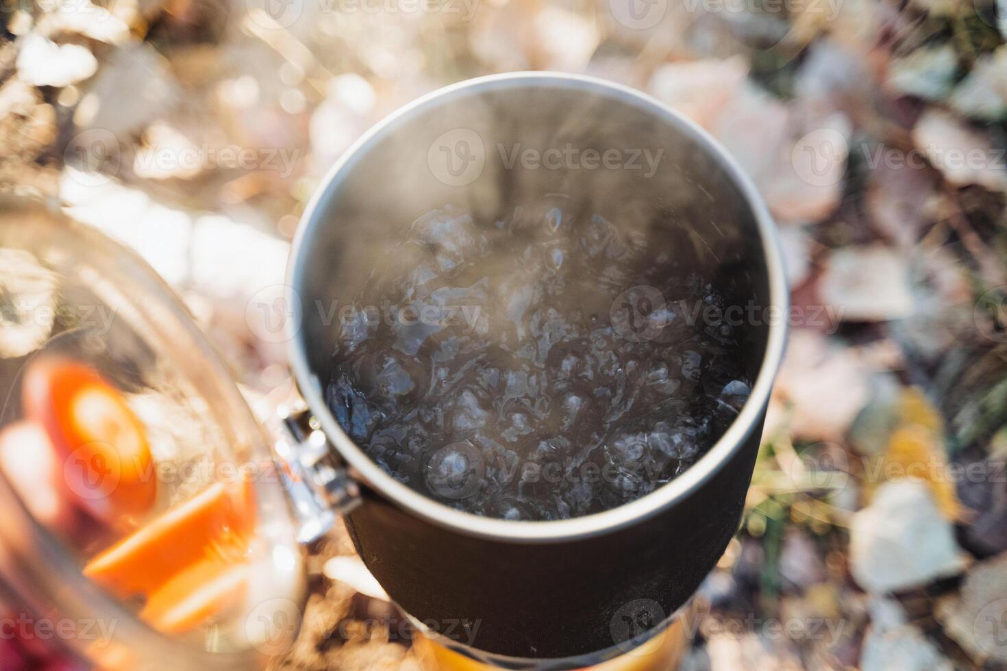 A pot that is filled with boiling water has been carefully placed on top of a stove, which is a common kitchen appliance utilized for cooking an extensive range of foods and beverages photo