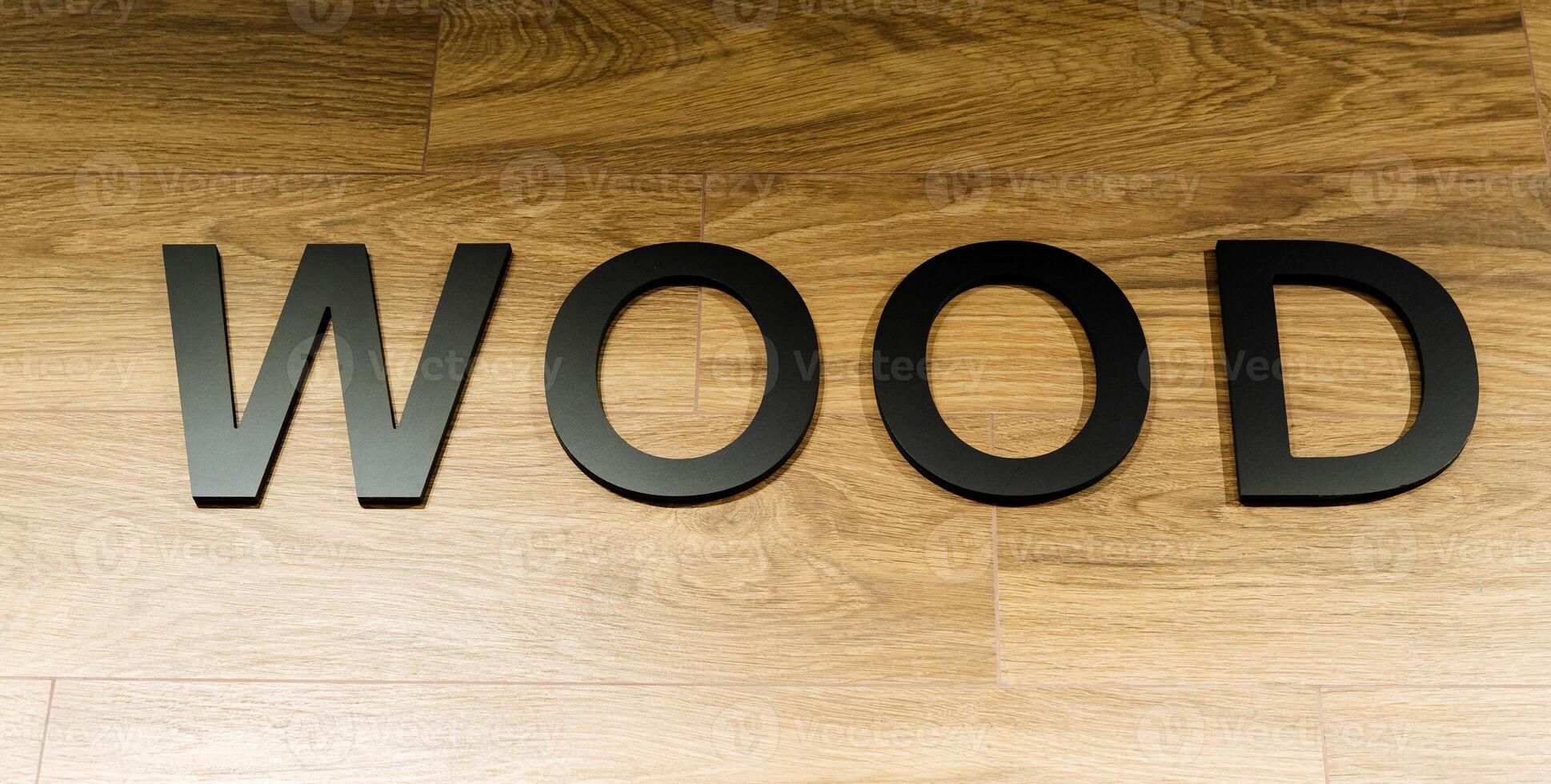 The word Wood is displayed on a background made of wood, accompanied by related elements such as font, hardwood, wood stain, flooring, plank, circle, brand, number, and rectangle photo