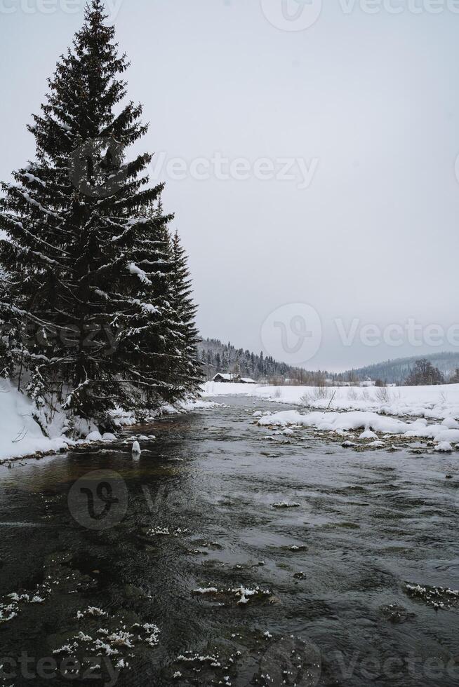A picturesque river calmly flows through a serene, snowy forest, featuring a beautifully decorated Christmas tree prominently situated in the foreground, surrounded by glistening snow photo