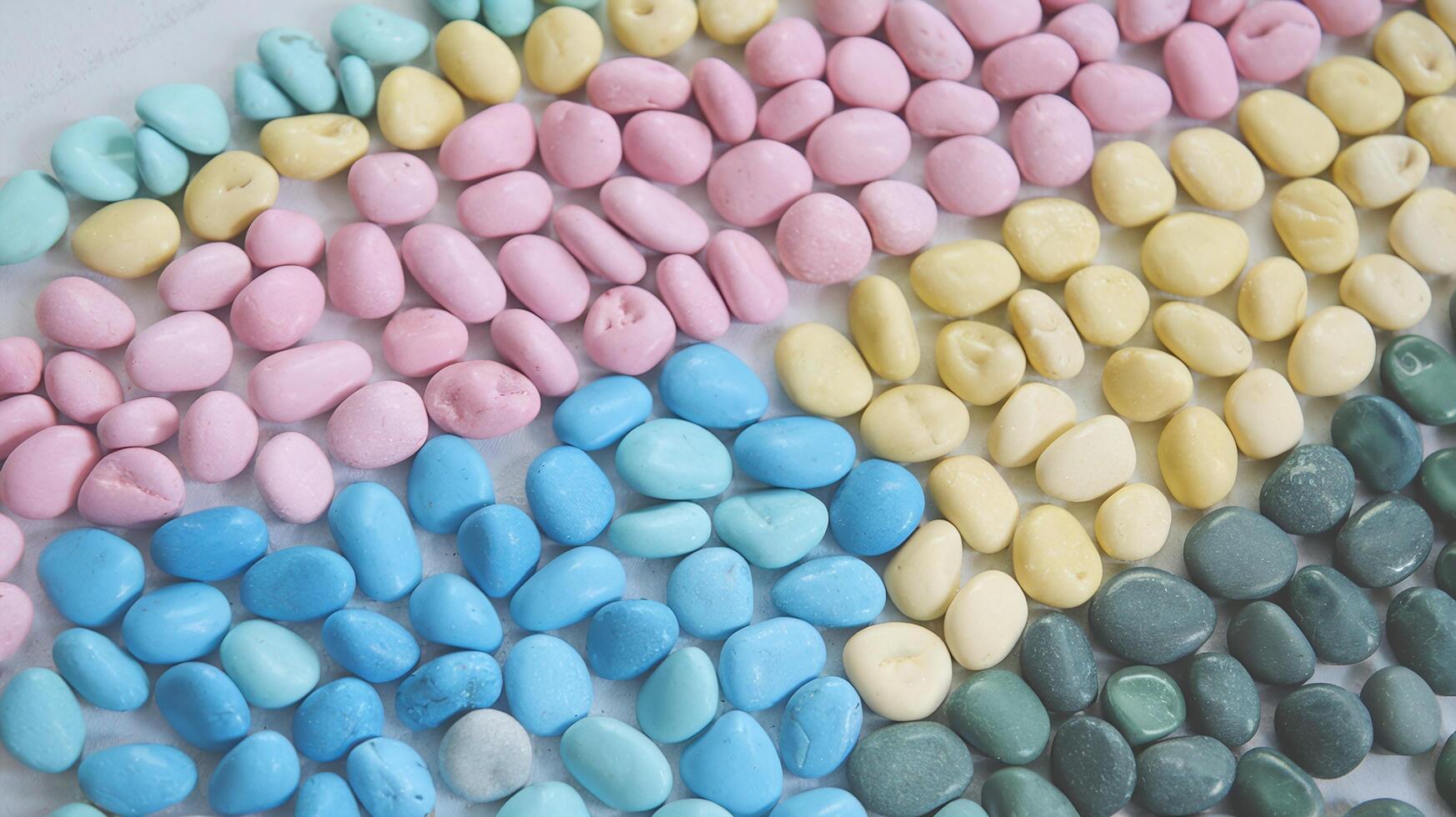 Vibrant Pastel Stones Arranged in Rows on White Background Representing Diversity and Balance photo