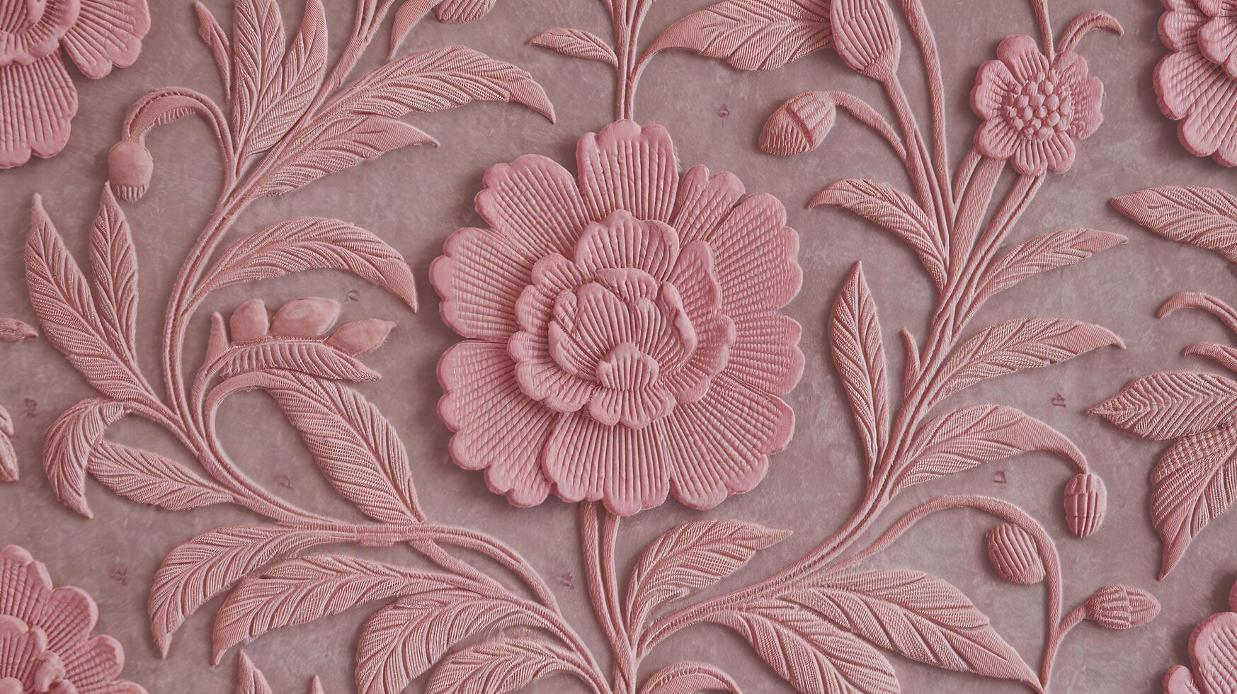 Intricate Pink Floral Embossed Pattern on Velvet Texture with Detailed Botanical Design photo