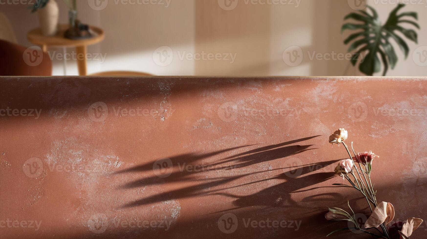 Minimalist Composition with Dry Flowers and Shadows on Rustic Surface in Natural Warm Light photo