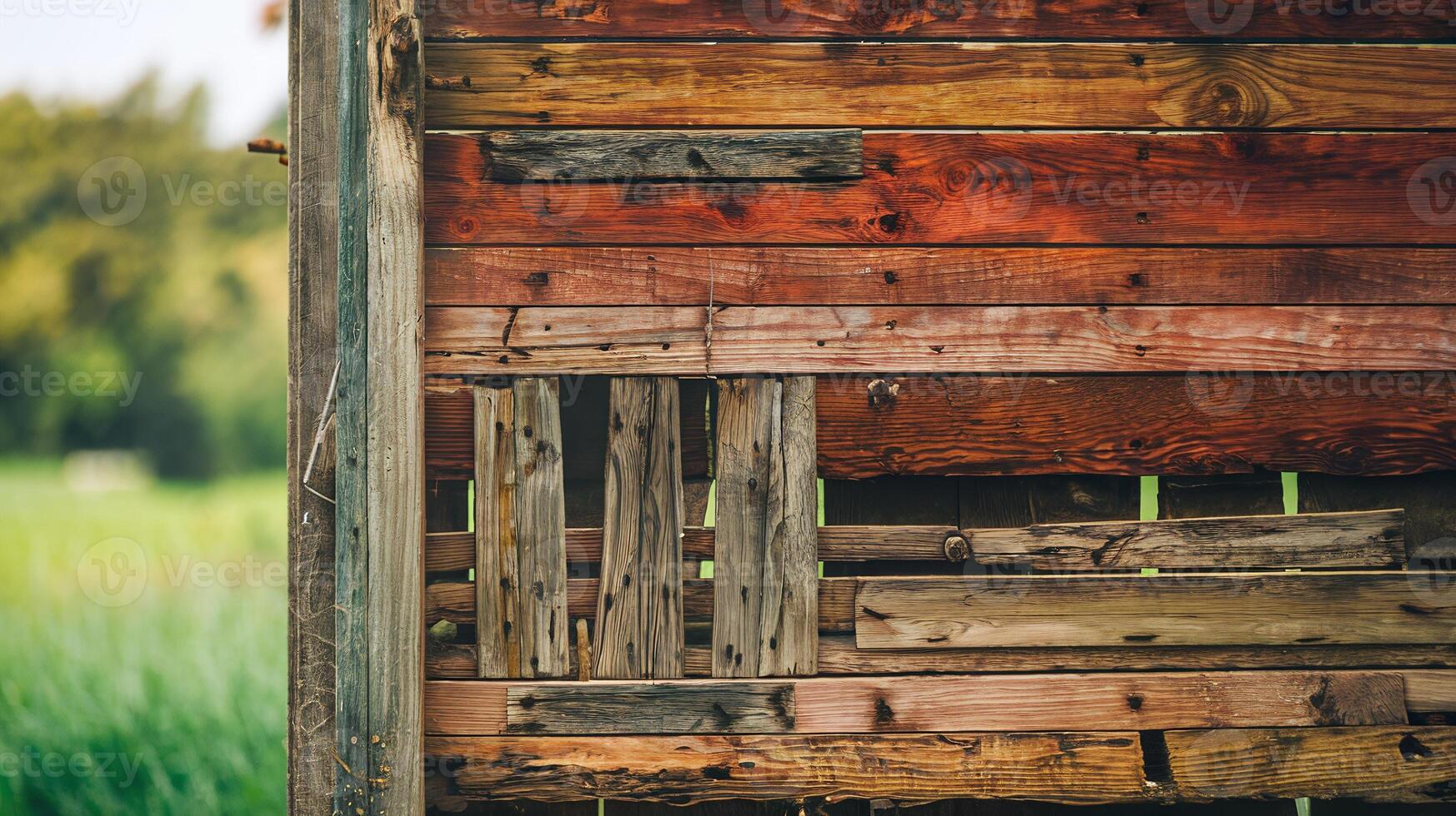 Weathered Wooden Wall With Rustic Planks and Natural Textures in Rural Outdoor Setting with Green Field photo