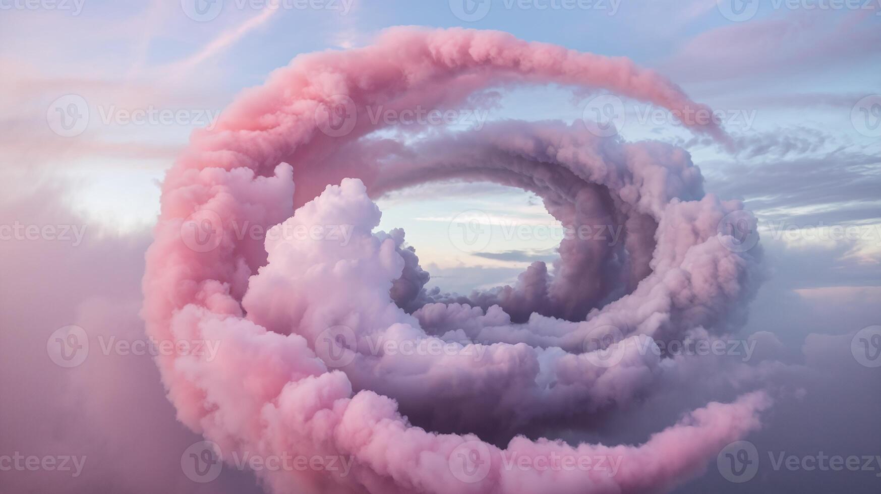 Pink Swirling Cloud Formation Against Soft Blue Sky at Sunset Representing Creativity and Calm photo