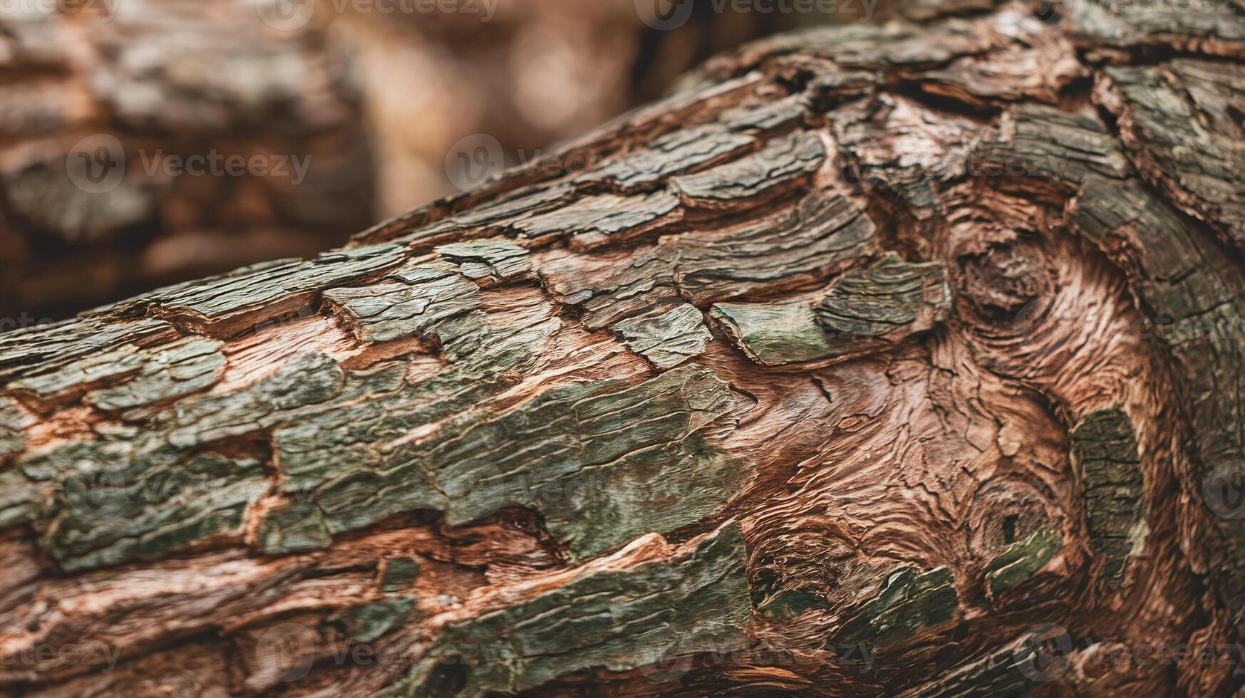 Closeup of Weathered Tree Bark with Brown and Green Textures in Natural Forest Setting photo