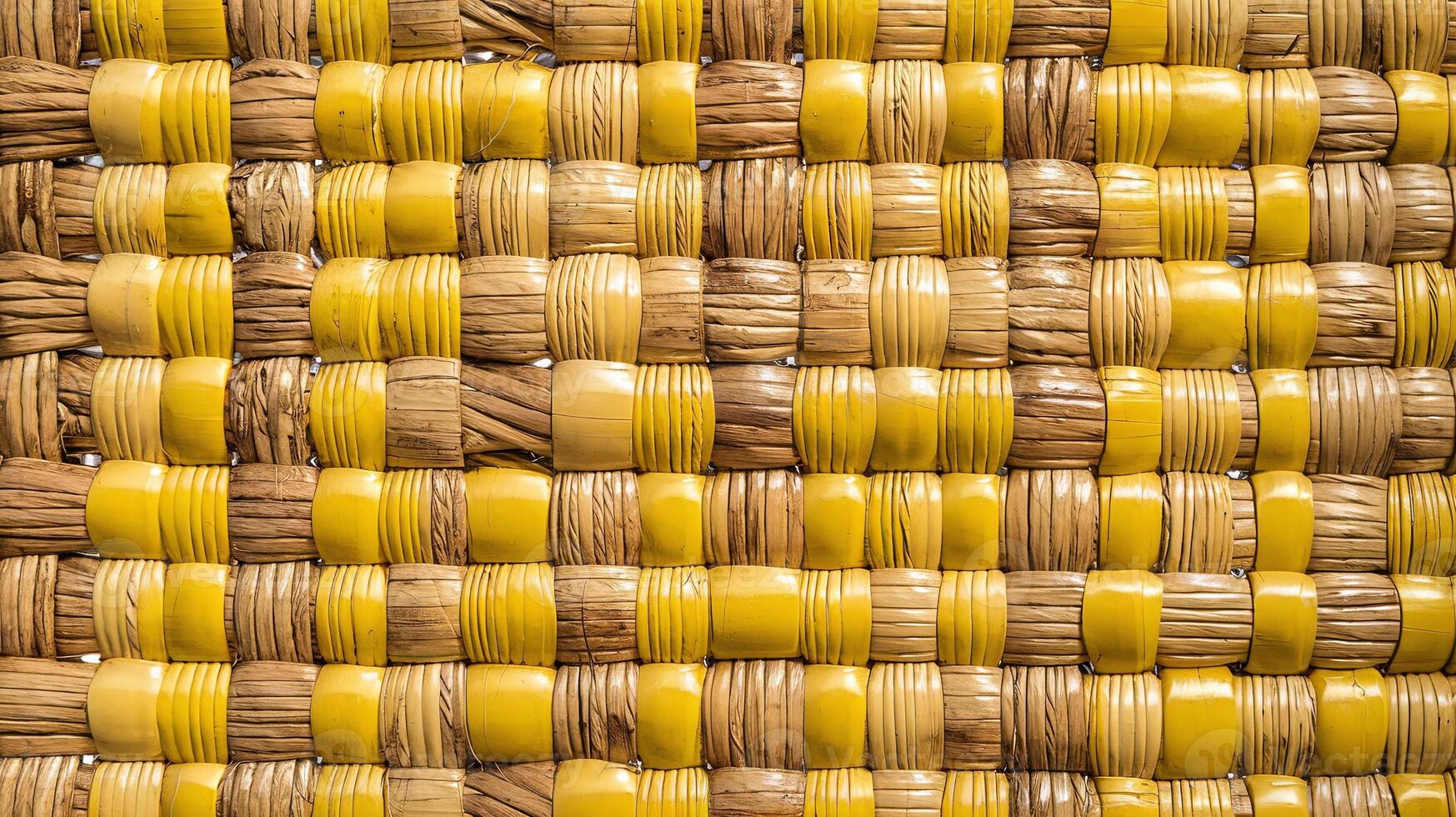 Closeup of Woven Straw and Yellow Plastic Patterned Basket Surface Texture Background photo