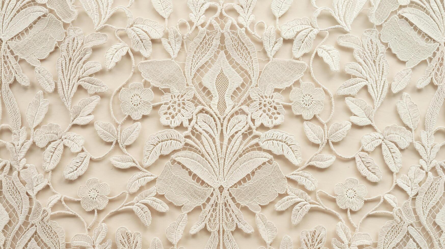 Delicate Floral Embroidered Lace on Cream Fabric with Symmetrical Pattern Design for Textiles photo