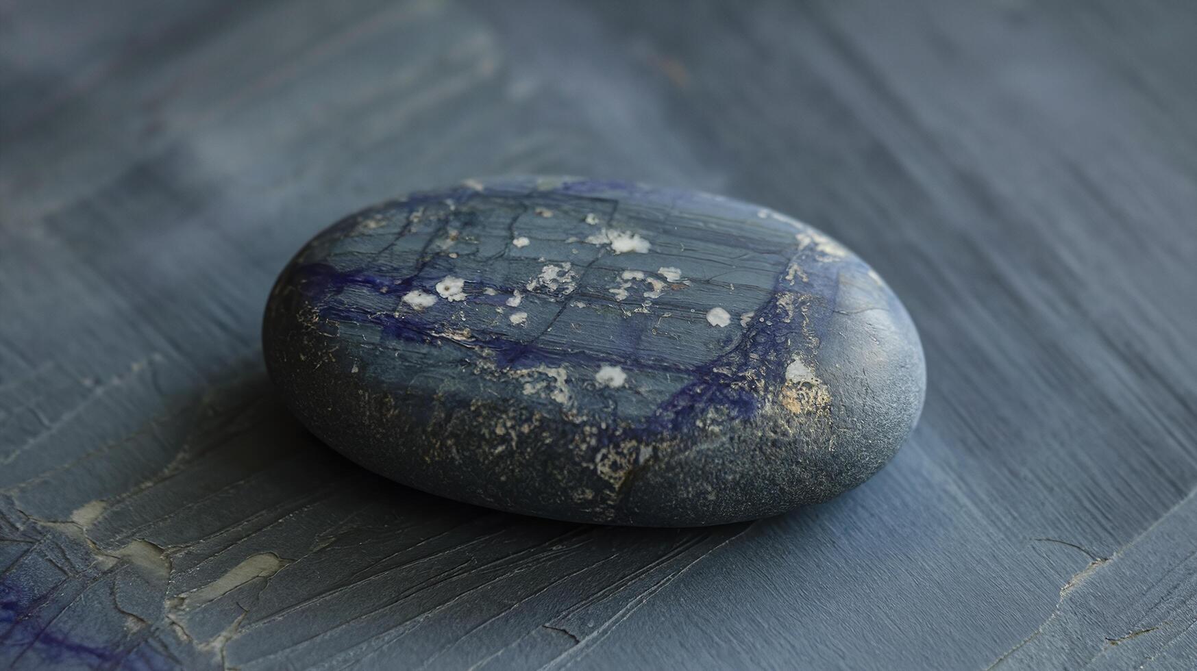 Smooth Oval Gray Stone with Blue and White Patterns on Textured Surface Light Background photo