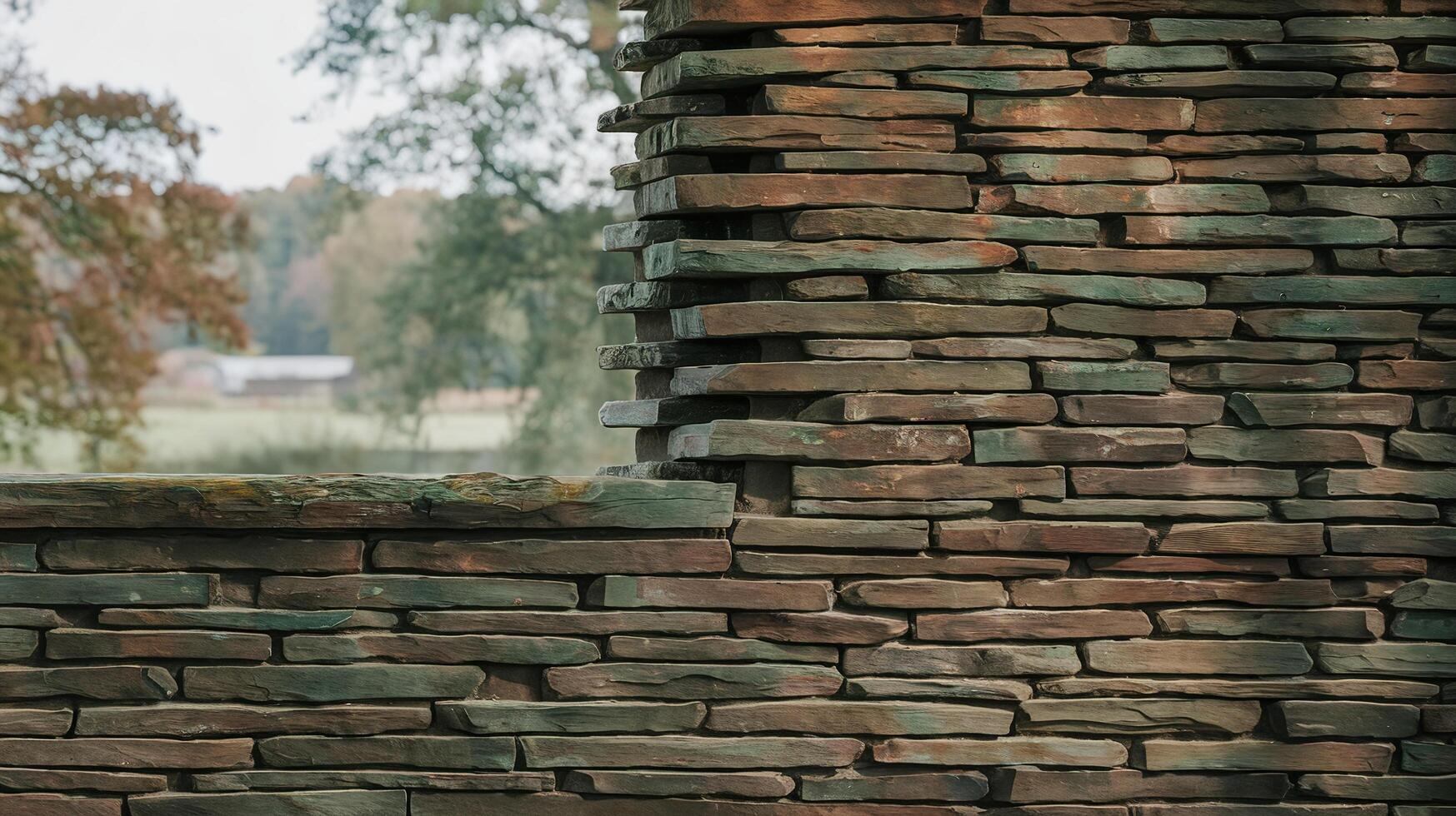 Closeup of Rustic Stone Wall with Green Moss in Nature with Trees and Field in Background photo