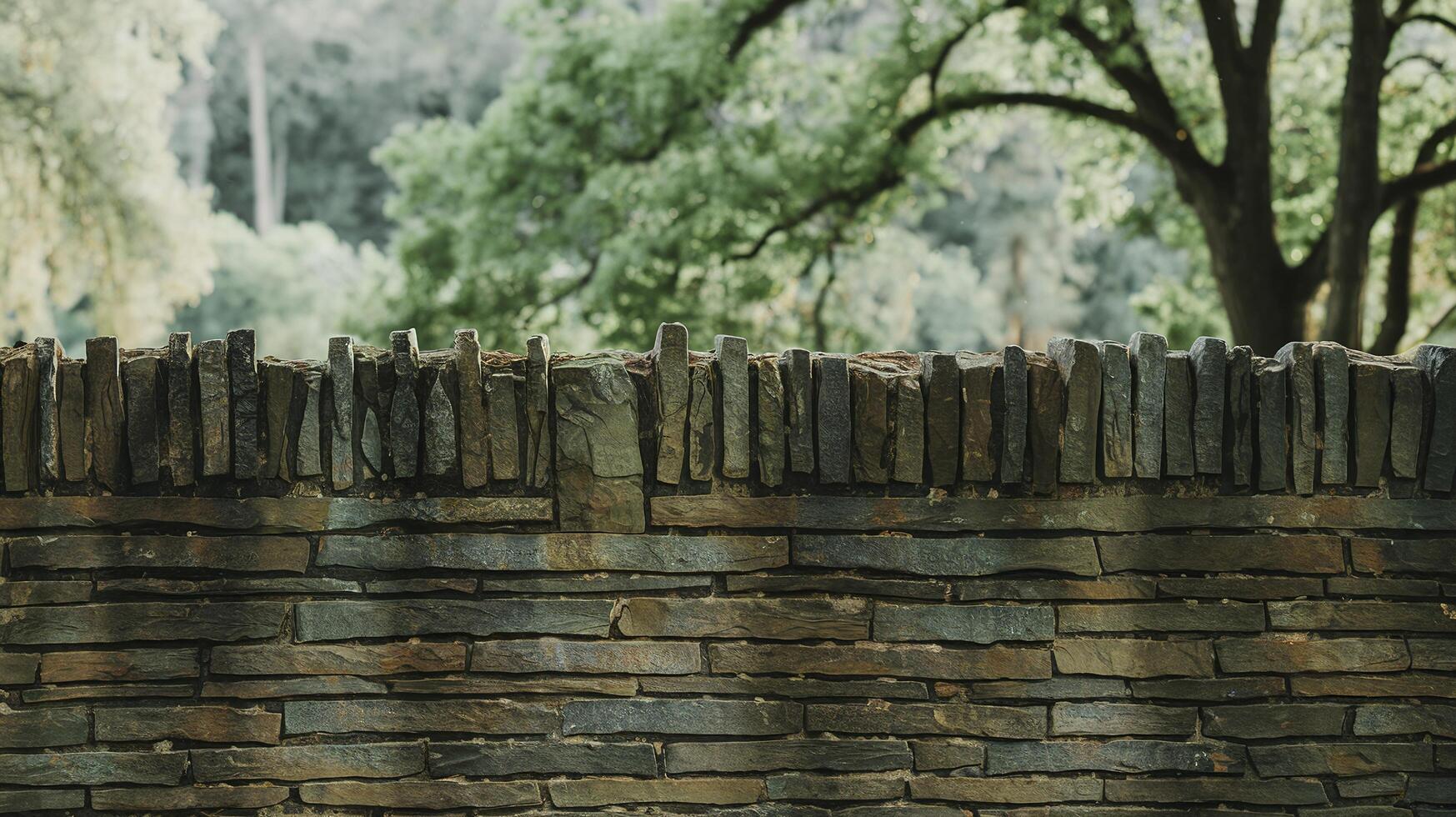 Rustic Stone Wall with Natural Texture in Front of Green Forest Trees Under Daylight Sky photo