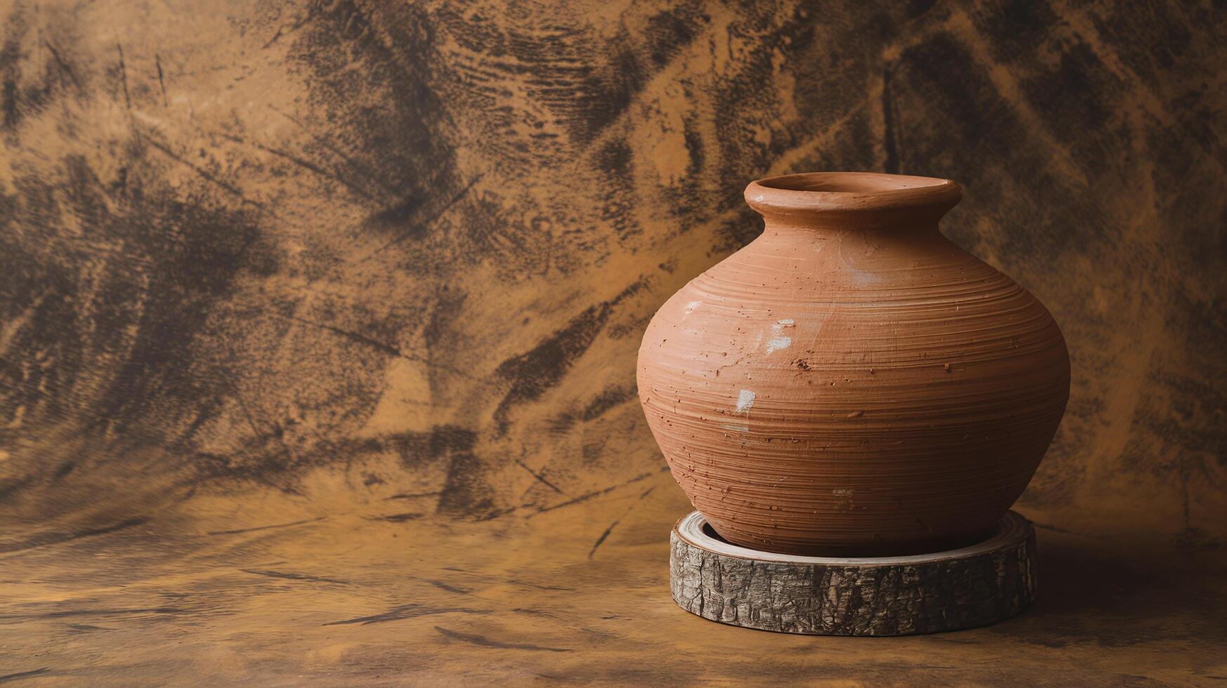 Rustic Clay Pot on Wooden Base Against Textured Brown Background for Home Decor or Art Concepts photo