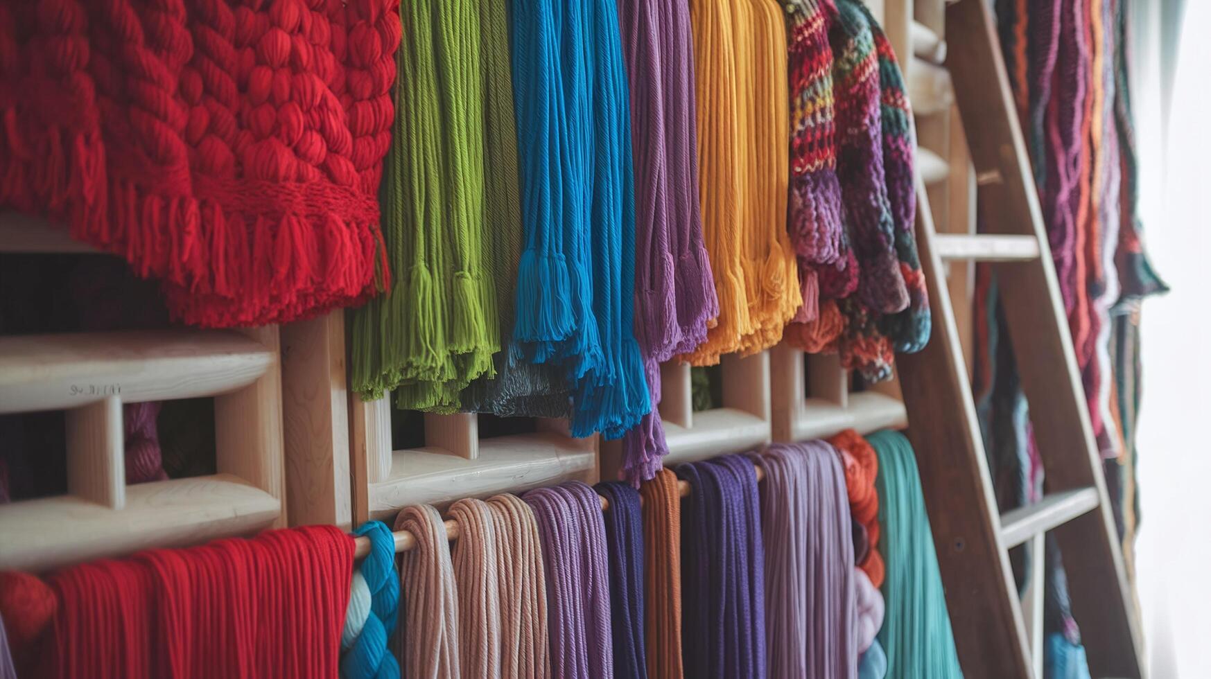 Vibrant Yarn and Thread Display on Wooden Shelves in a Cozy Craft Room with Ladder Detail photo