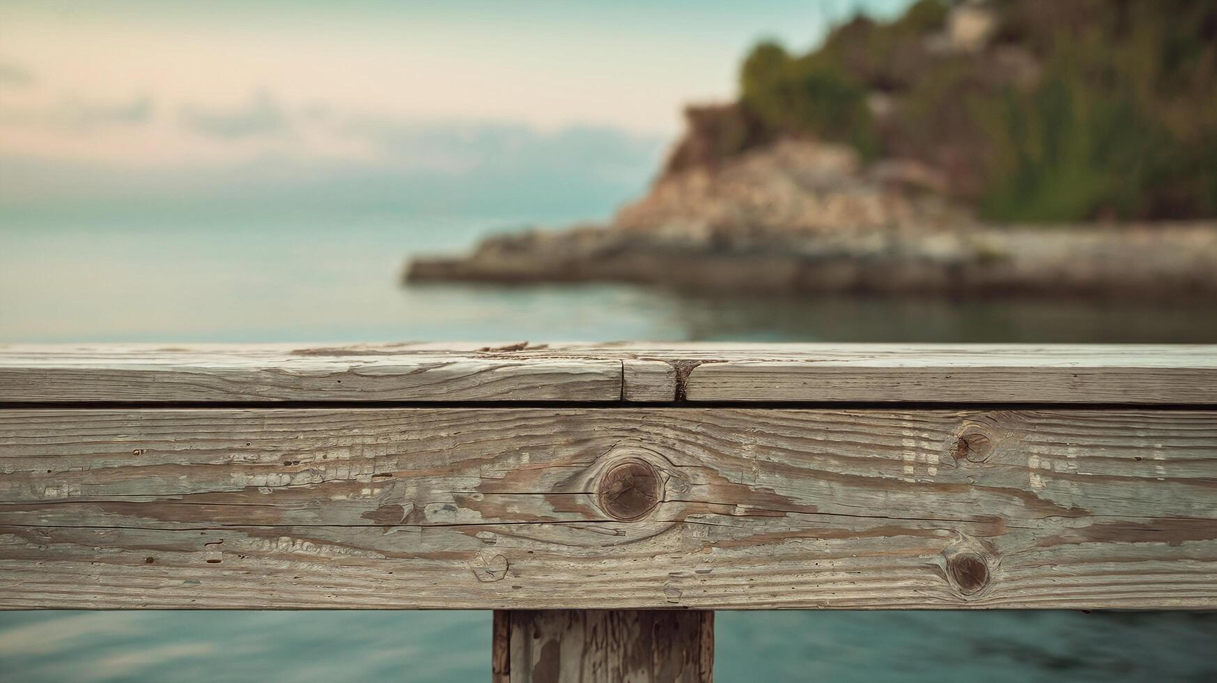 Closeup of weathered wooden pier with blurred blue sea rocky shore and green foliage background photo