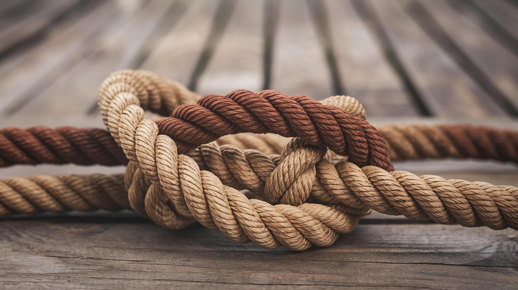 Closeup of intertwined beige and brown rope knots on rustic wooden surface symbolizing strength and teamwork photo