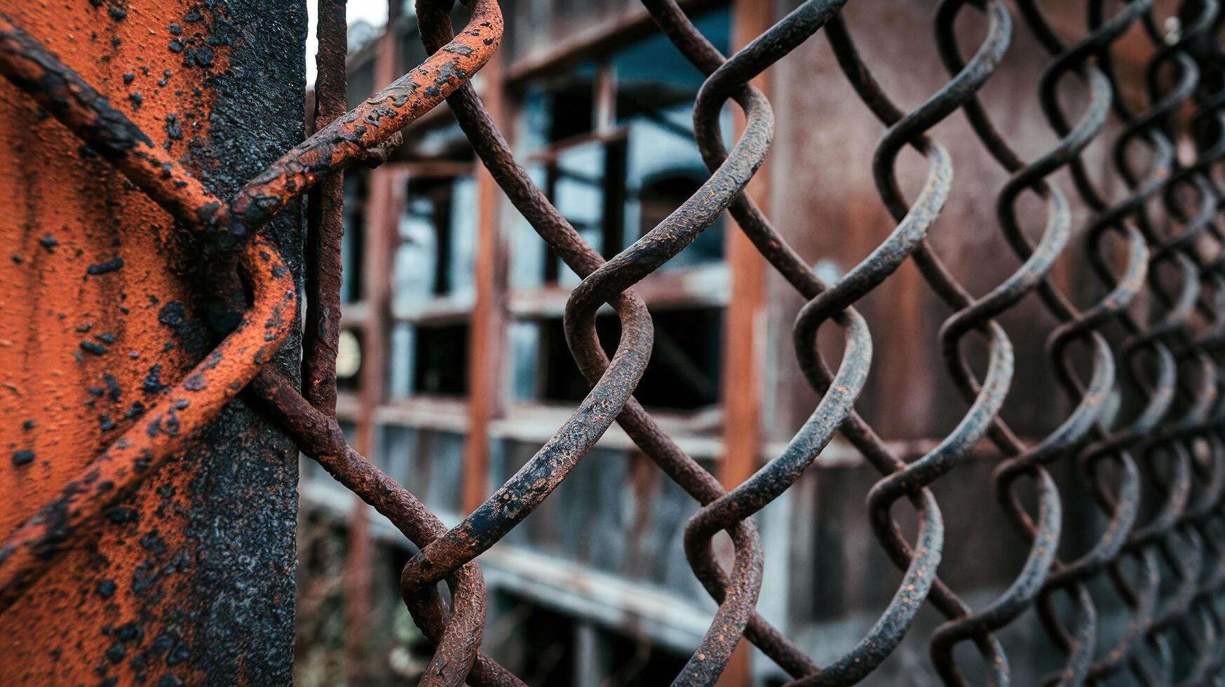 Closeup of Rusty Metal Chain Link Fence with Abandoned Building in Background Depicting Decay and Neglect photo