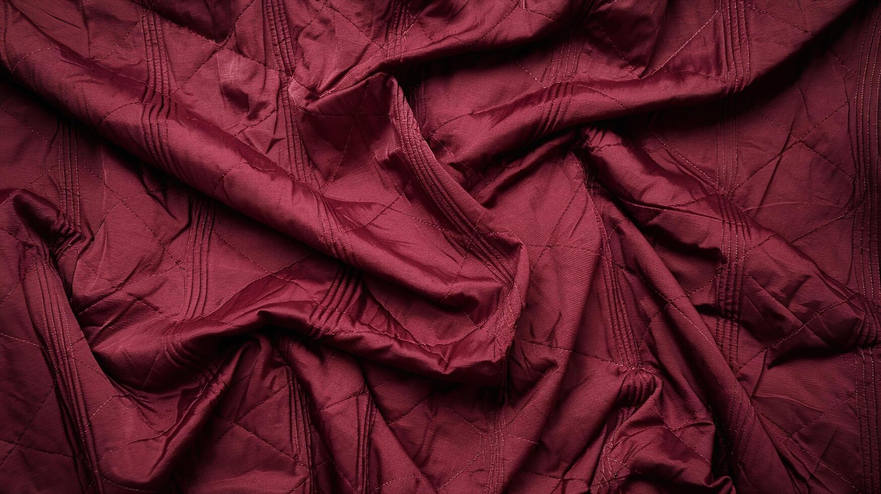Wrinkled Maroon Fabric with Geometric Patterns on Dark Textured Background for Textiles and Design photo
