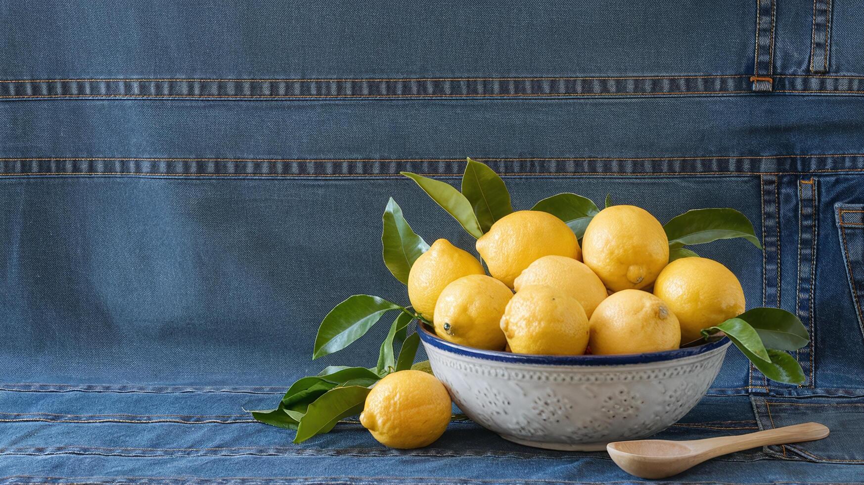 Fresh Yellow Lemons in White Ceramic Bowl with Leaves on Denim Fabric Background photo