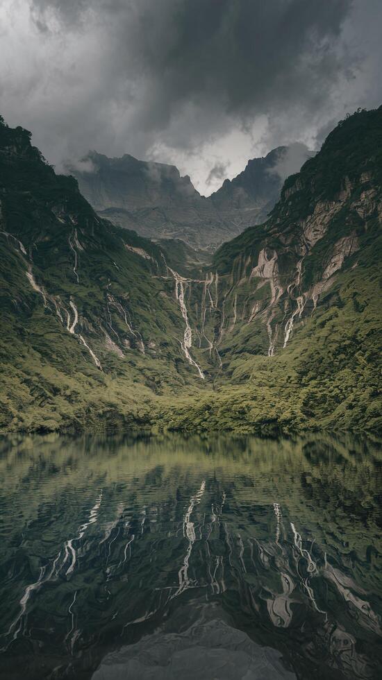 Lush Green Mountain Valley With Waterfalls Reflecting In Tranquil Lake Under Dramatic Cloudy Sky photo