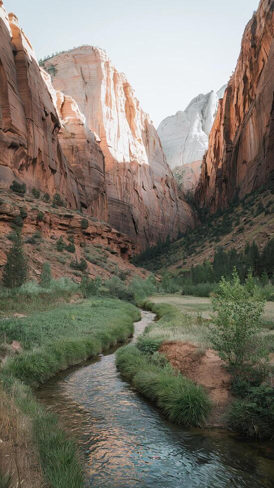 Majestic Red Rock Canyon with Lush Greenery and Serene Stream under Clear Sky in Natural Landscape photo