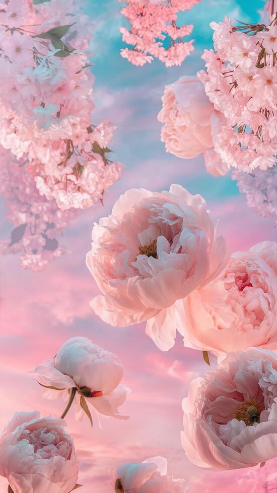 Pink Peonies and Cherry Blossoms Blooming Against Blue and Pink Sunset Sky photo