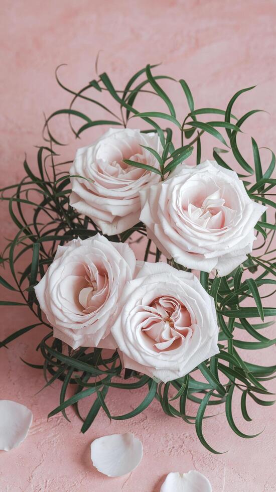 Soft Pink Roses Bouquet with Green Foliage on Pastel Pink Textured Background for Romantic Themes photo