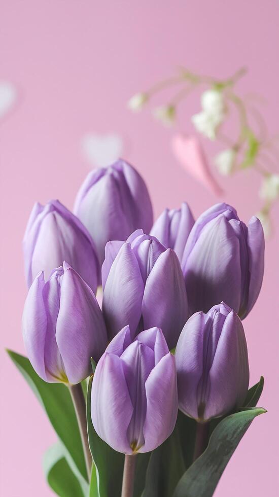 Purple Tulip Bouquet Close-Up with Pink Soft Background and Heart Shapes for Romantic Themes photo