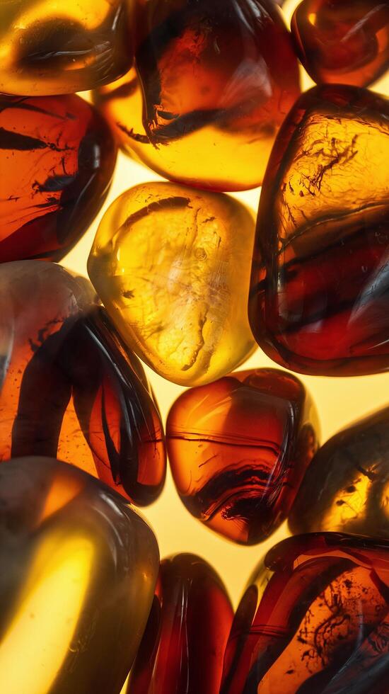 Closeup of Polished Amber Stones in Warm Golden Light Highlighting Natural Details and Patterns photo
