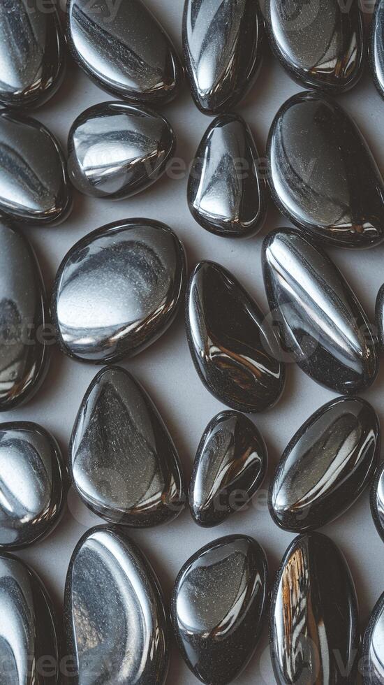 Shiny Polished Black Hematite Stones on Light Surface Symbolizing Energy and Healing Properties photo