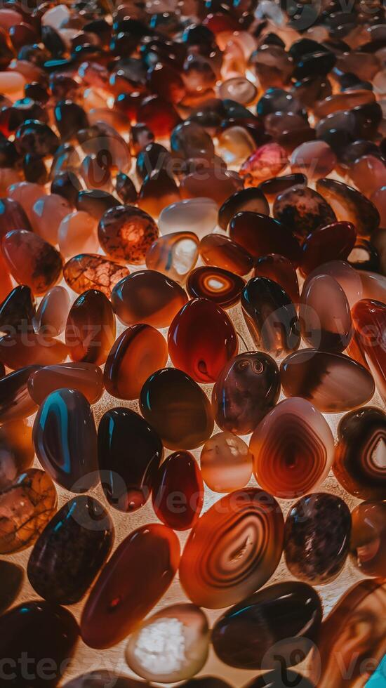 Polished Multicolored Agate Stones Closeup with Natural Patterns on Bright Surface for Decorative Use photo