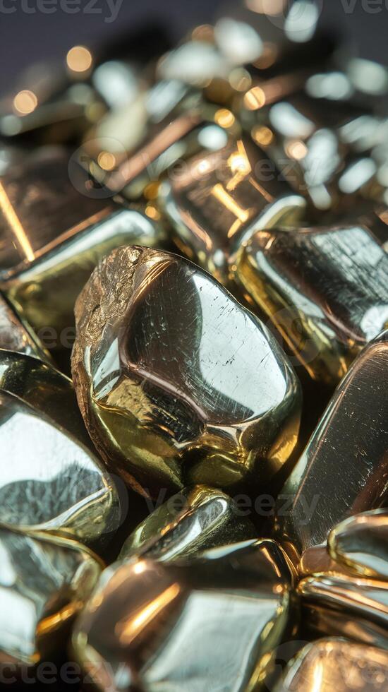 Closeup of Shiny Polished Gold Nuggets in Metallic Finish with Reflective Surface in Soft Light photo