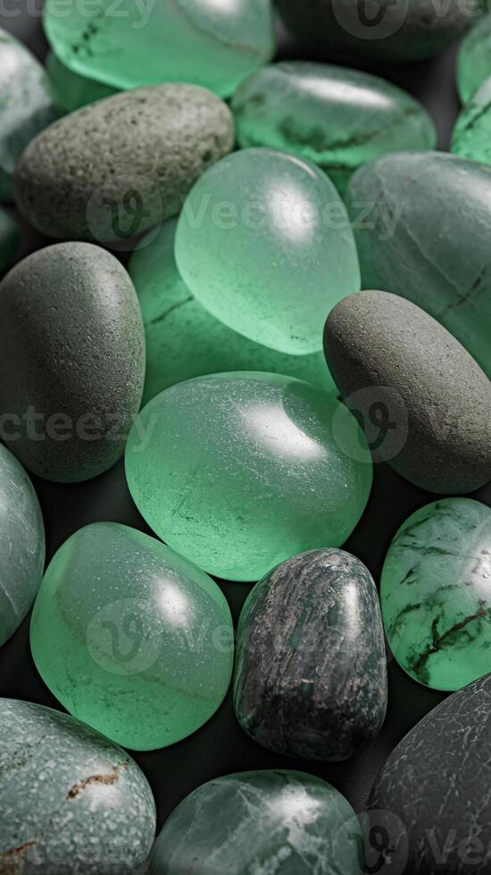 Smooth Polished Green and Dark Stones in Close-Up with Natural Texture on Dark Background photo