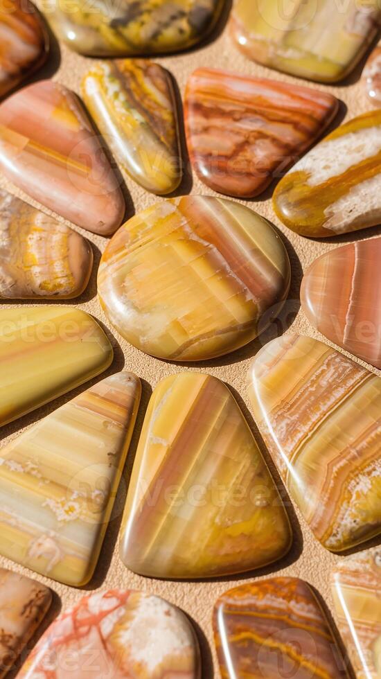 Polished Multicolored Gemstone Collection with Earthy Tones on Light Beige Surface Close Up photo