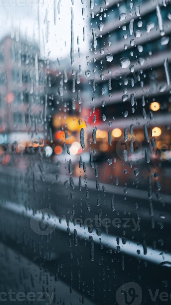 Rainy City Street View Through Window Glass With Water Droplets and Urban Lights Reflections photo