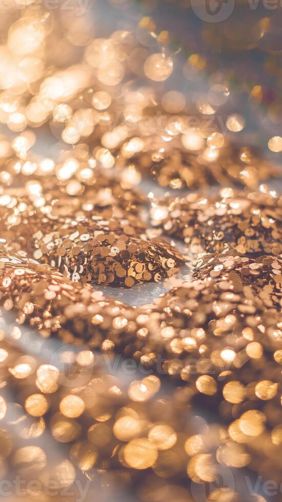 Golden Glitter Sequins with Soft Bokeh on Shiny Background for Celebration and Festive Themes photo